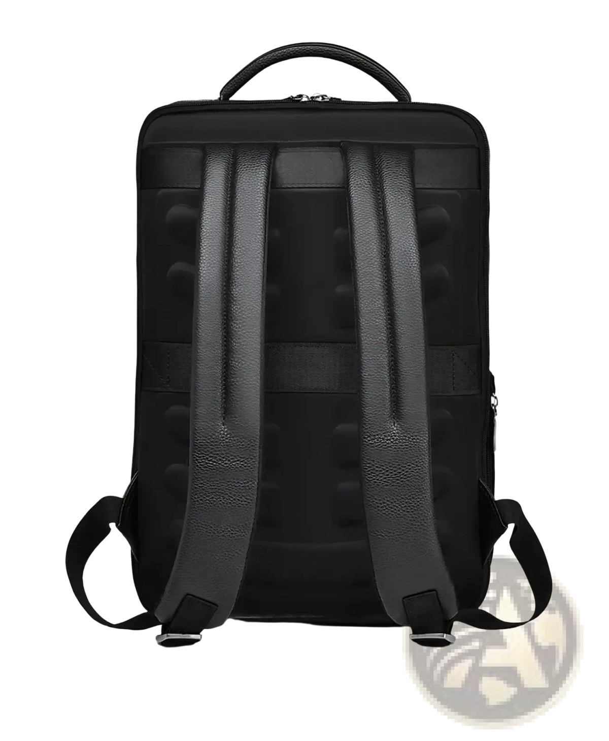 Black leather laptop backpack with padded textured straps and top handle for business and usb charging use back view