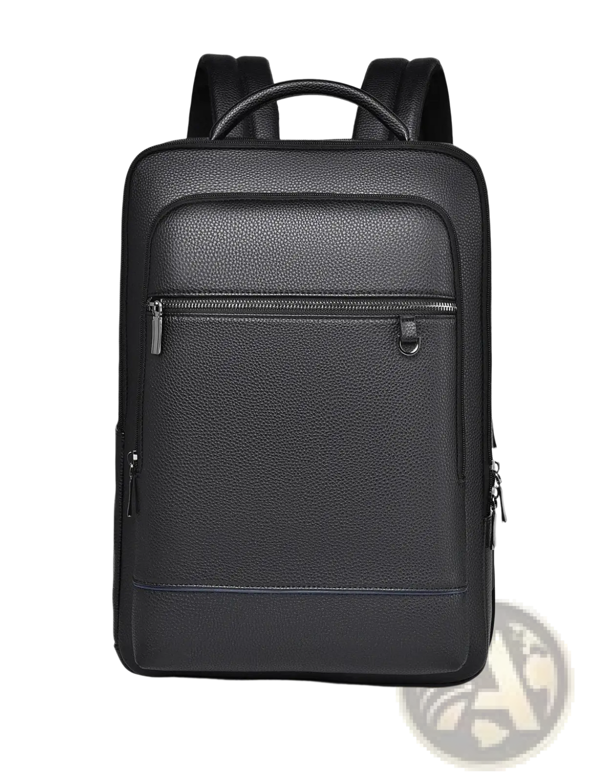 Black textured leather laptop backpack with multiple zippered compartments and adjustable shoulder straps for business use