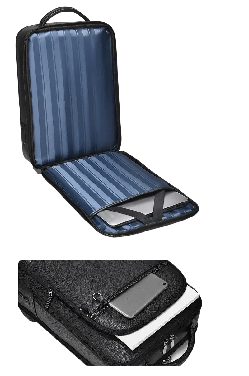 Black leather laptop backpack with usb charging port, blue interior lining, and adjustable straps for business use