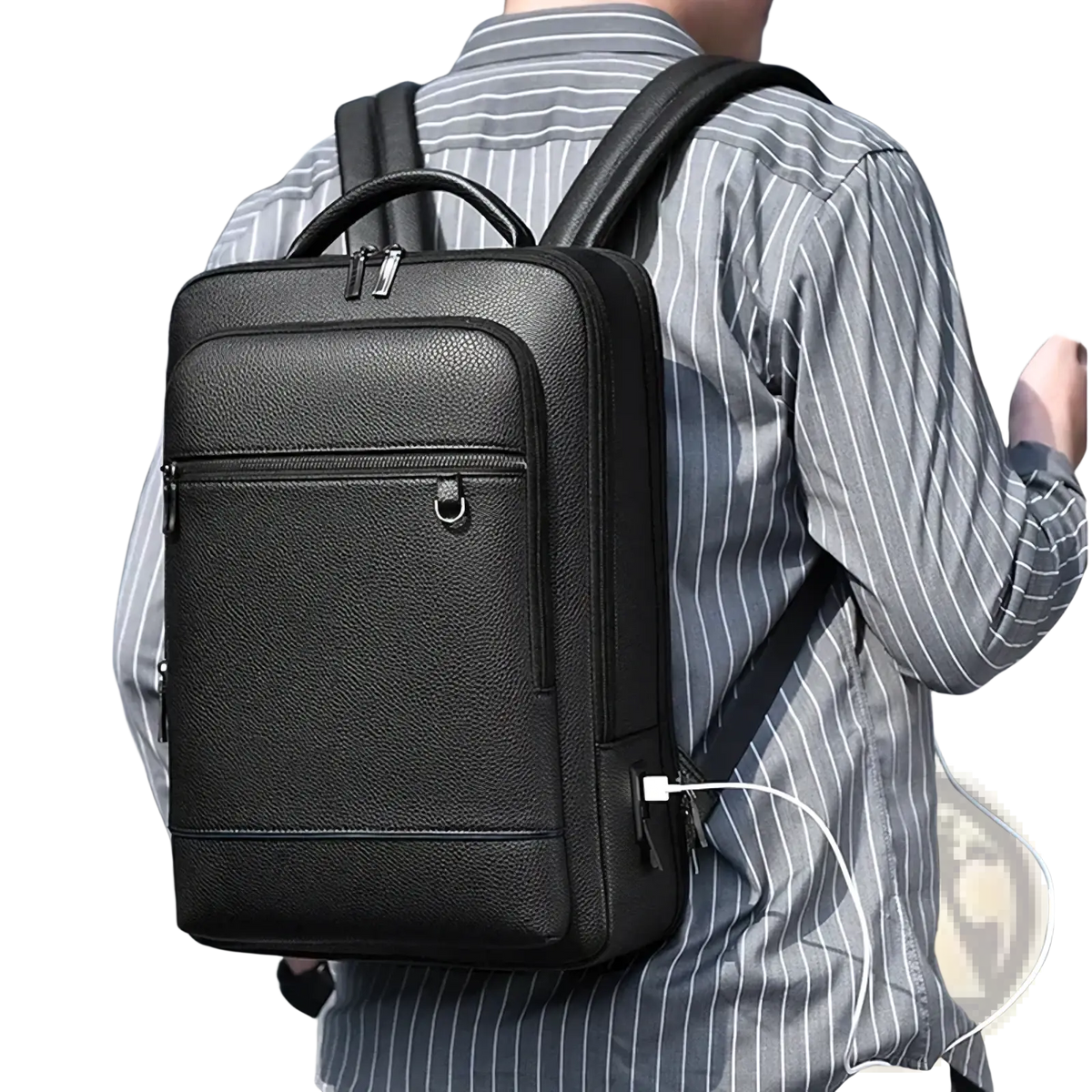 Black textured leather laptop backpack with multiple zippers and side usb charging port for business use
