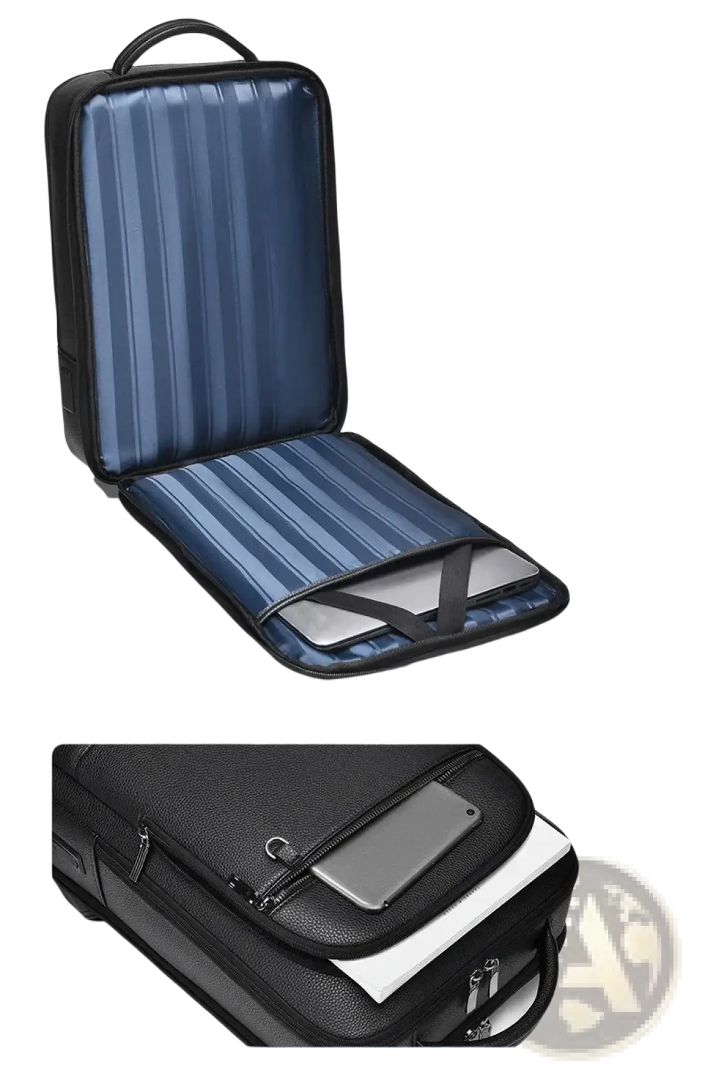 Black leather laptop backpack with usb charging port, blue interior lining, and adjustable straps for business use