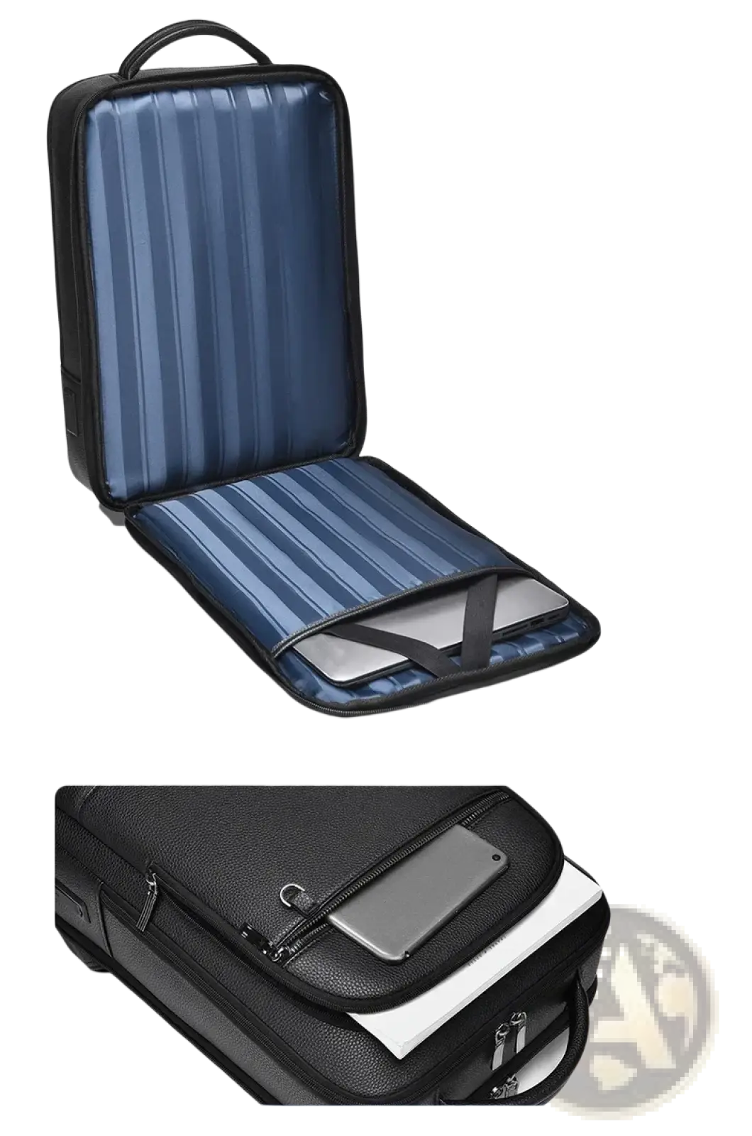Black leather laptop backpack with usb charging port, blue interior lining, and adjustable straps for business use
