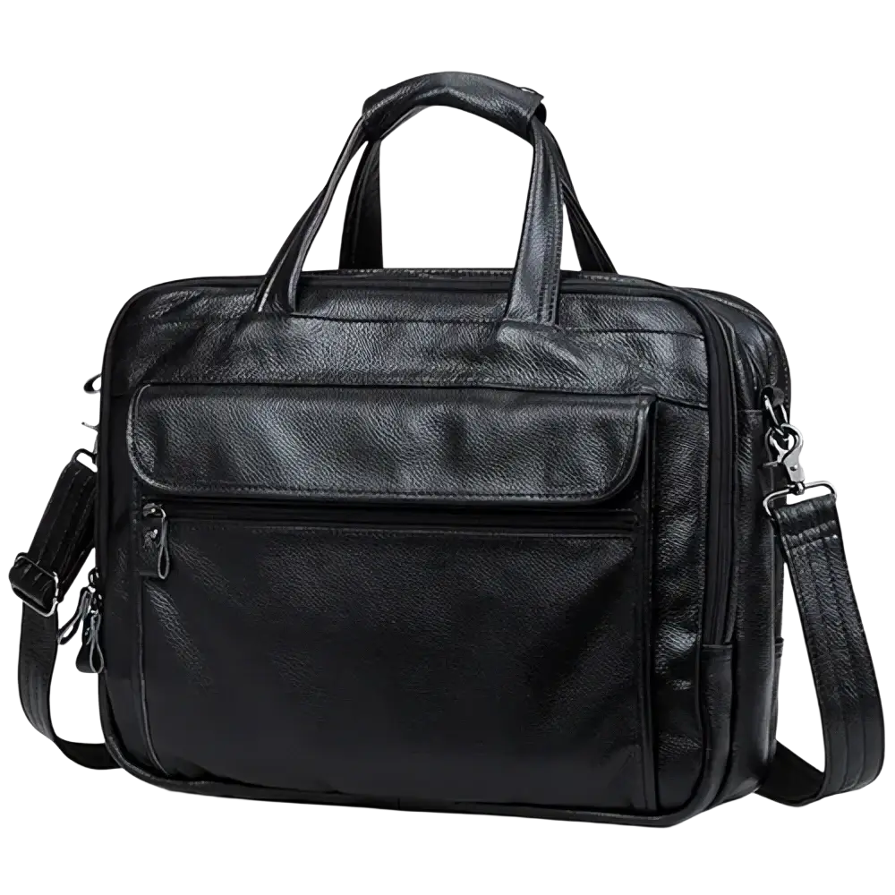 Black leather laptop briefcase for men with top handle and adjustable shoulder strap for professional use