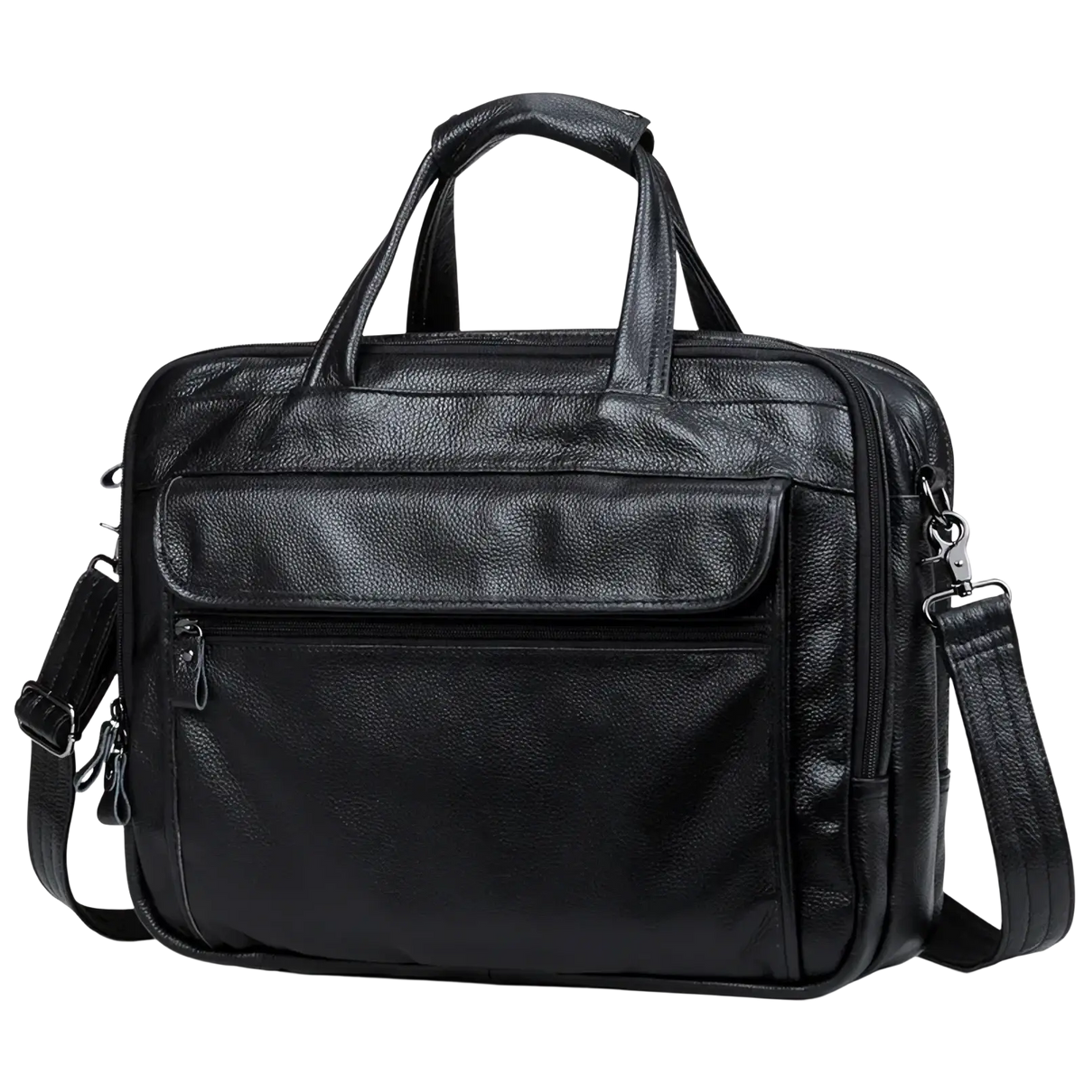 Black leather laptop briefcase for men with top handles adjustable shoulder strap and multiple zippered compartments