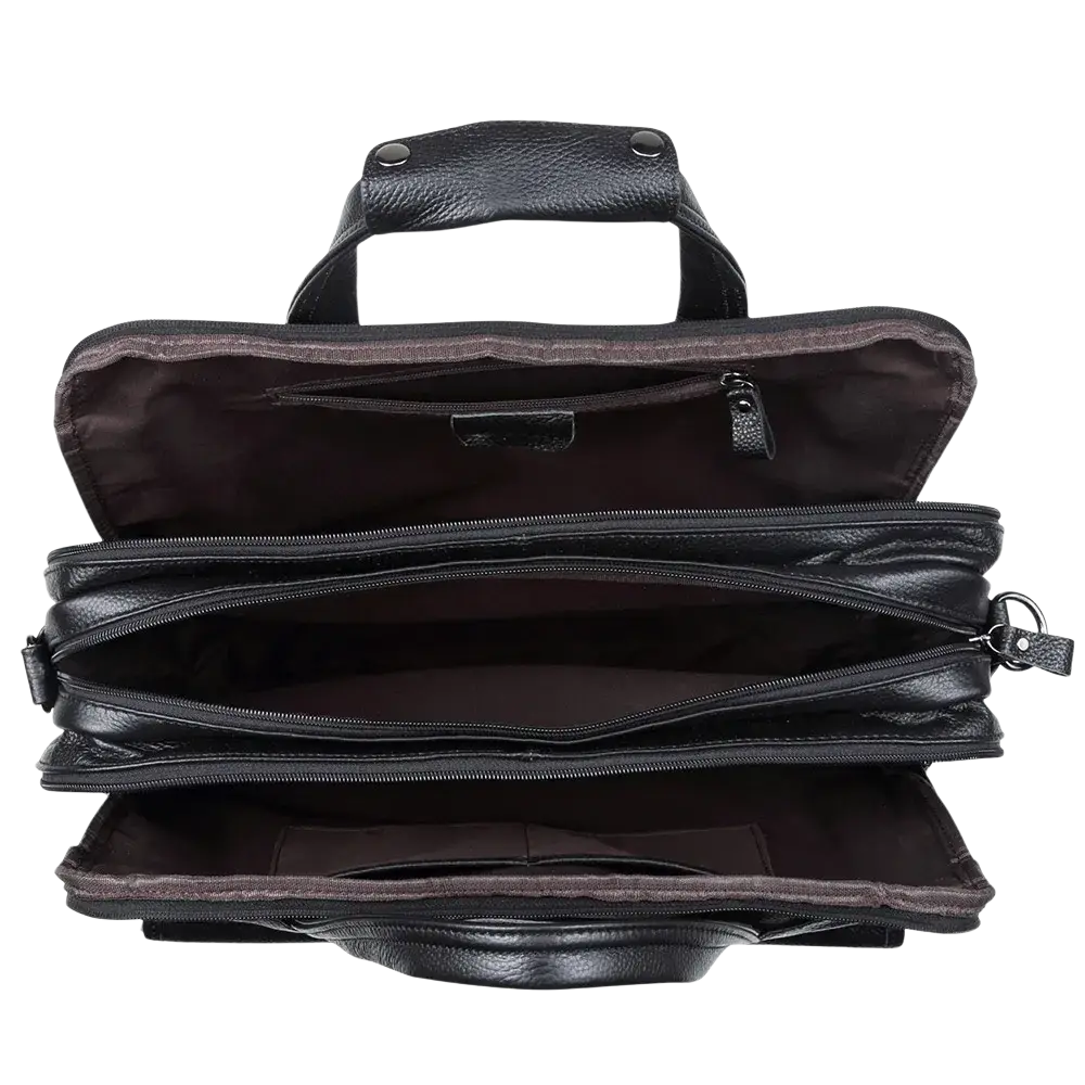 Black leather laptop briefcase for men with multiple zippered compartments and a top handle for easy carrying