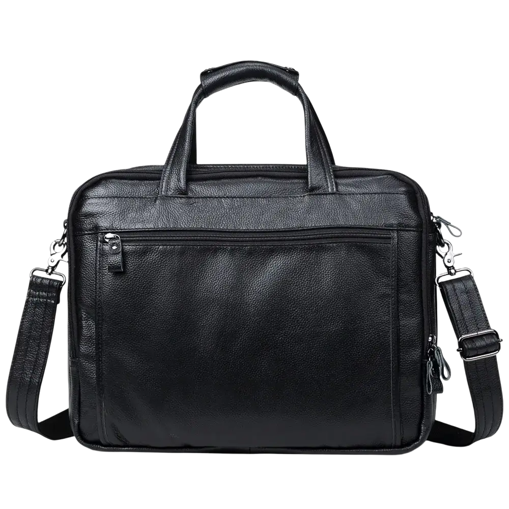 Black leather laptop briefcase for men with top handle and adjustable shoulder strap for easy carrying