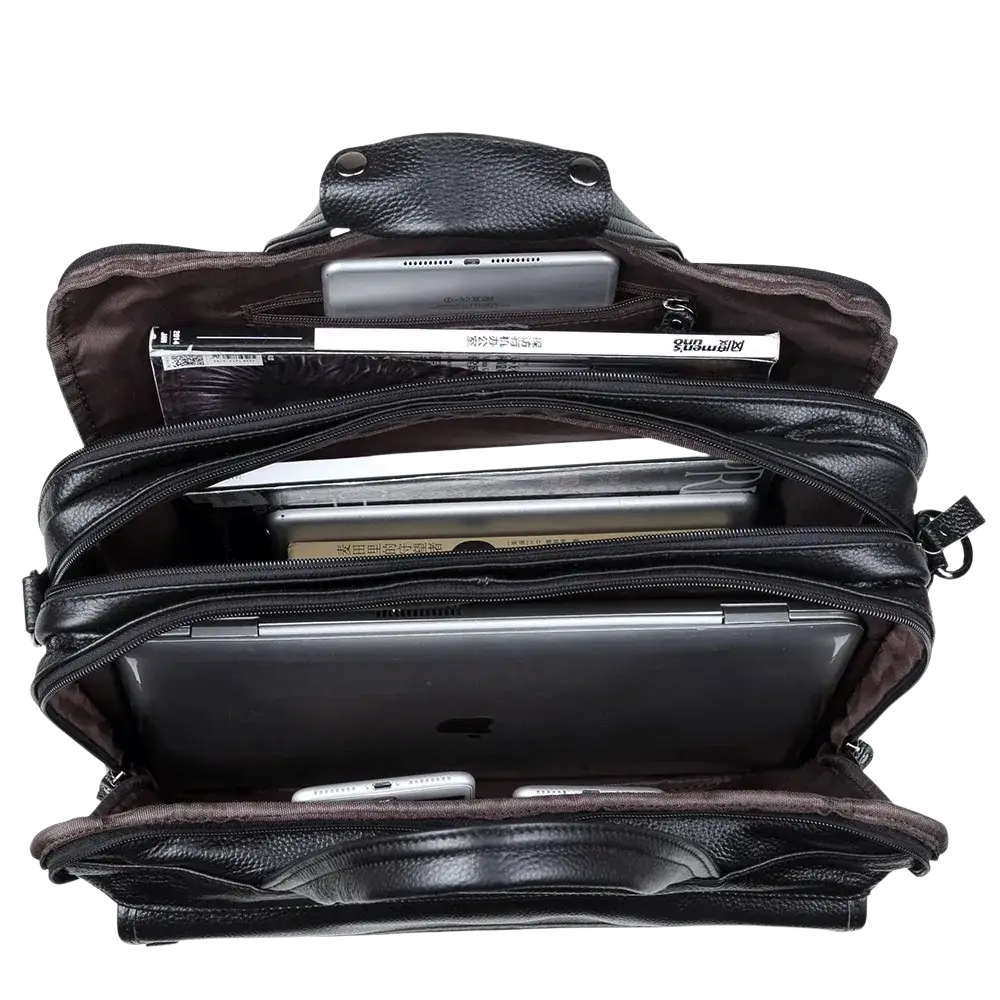 Black leather laptop briefcase for men with multiple compartments and a textured surface