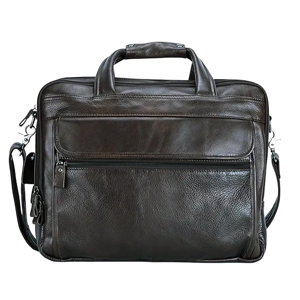 Black leather laptop briefcase for men with textured surface and multiple zippered compartments