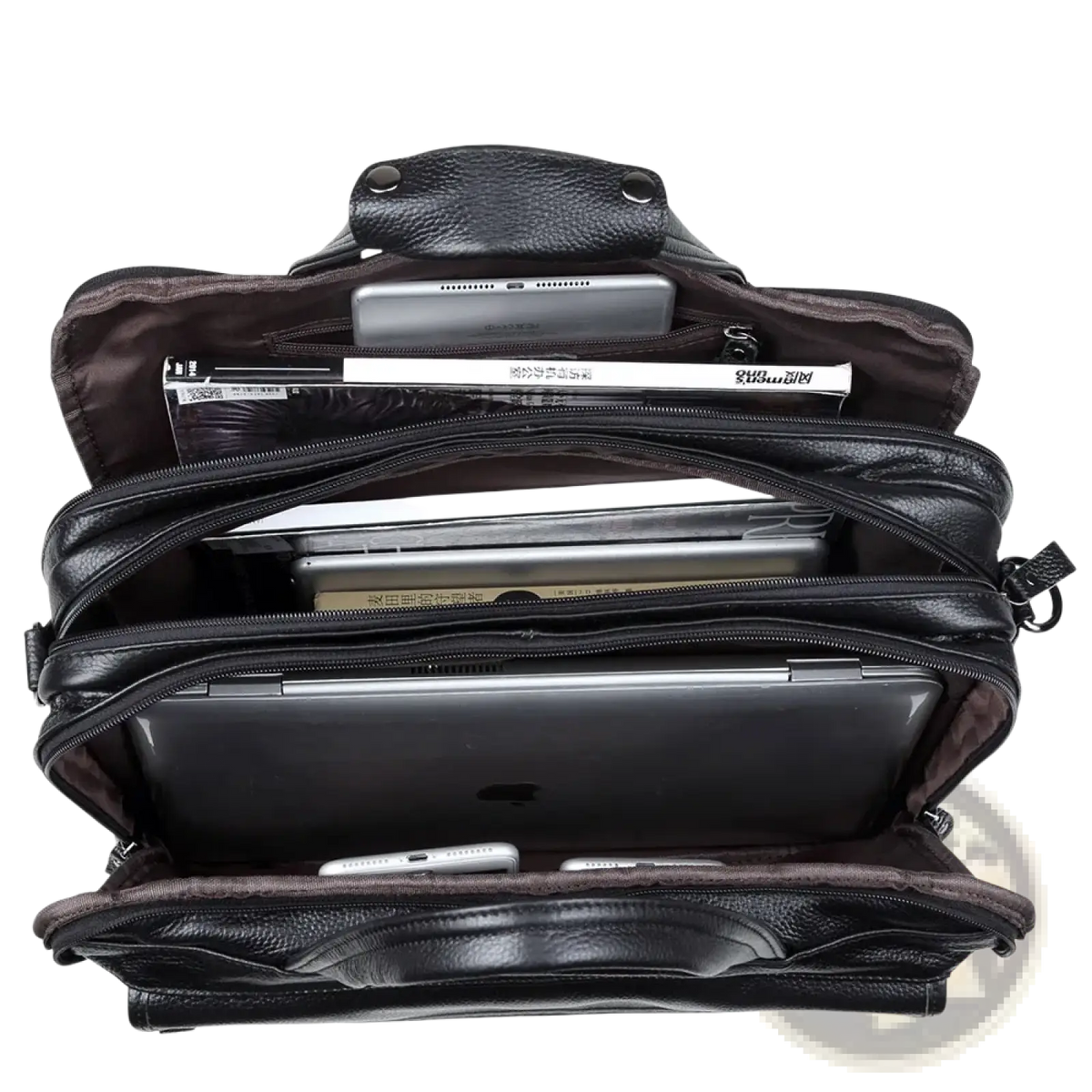 Black leather laptop briefcase for men with multiple compartments and a textured surface