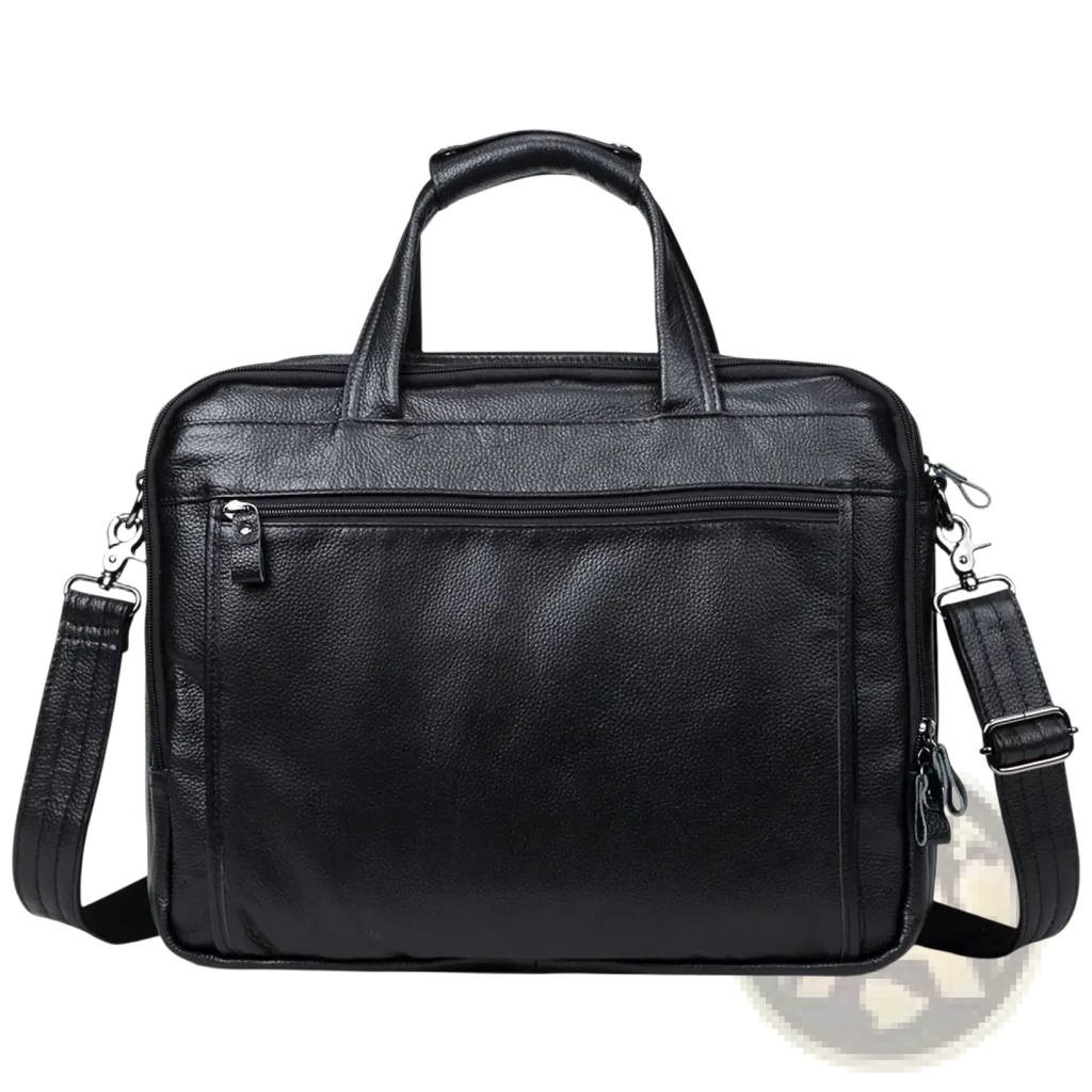 Black leather laptop briefcase for men with top handle and adjustable shoulder strap for easy carrying