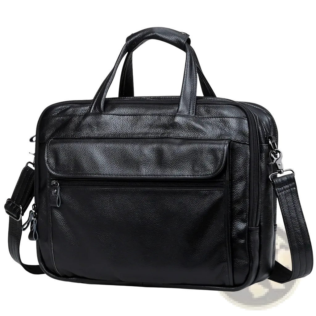 Black leather laptop briefcase for men with top handles adjustable shoulder strap and multiple zippered compartments