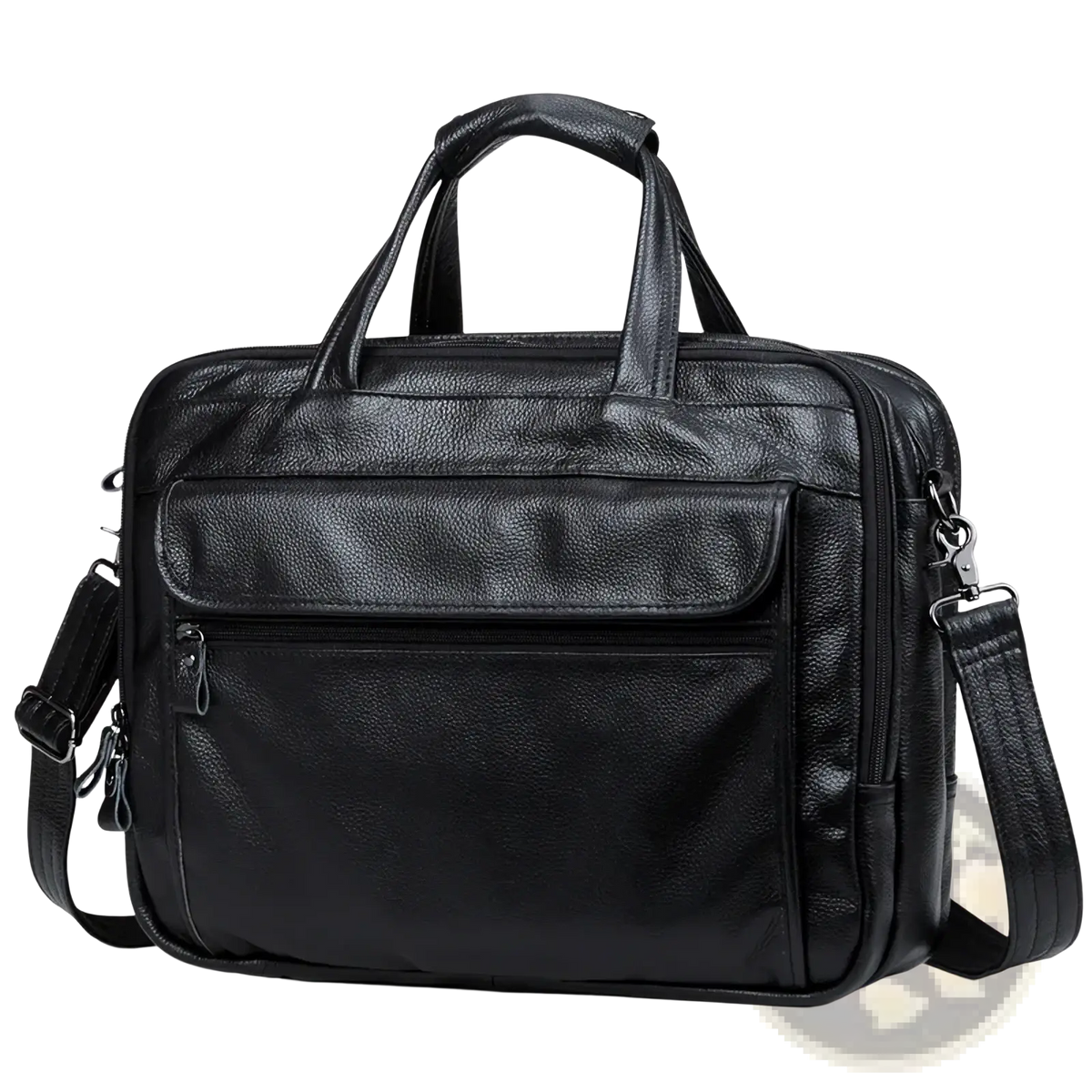 Black leather laptop briefcase for men with top handles adjustable shoulder strap and multiple zippered compartments