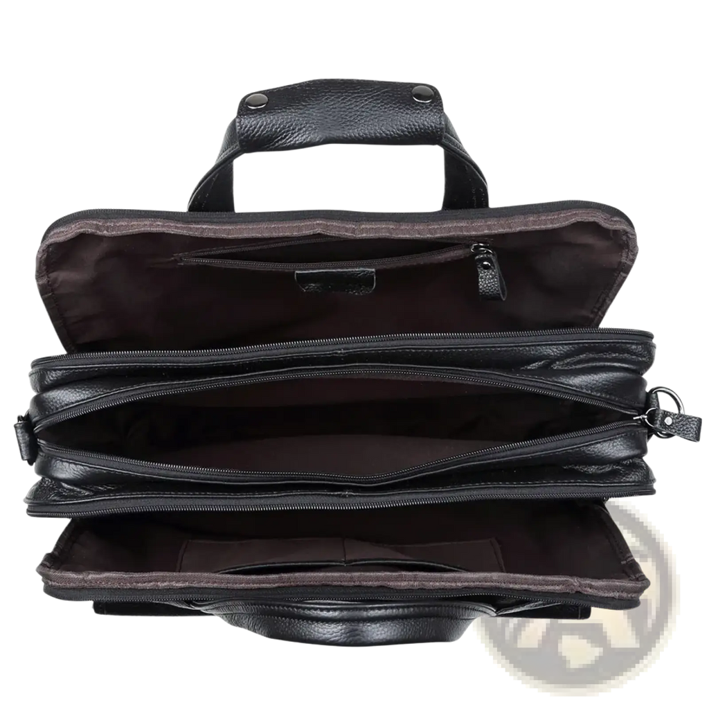 Black leather laptop briefcase for men with multiple zippered compartments and a top handle for easy carrying