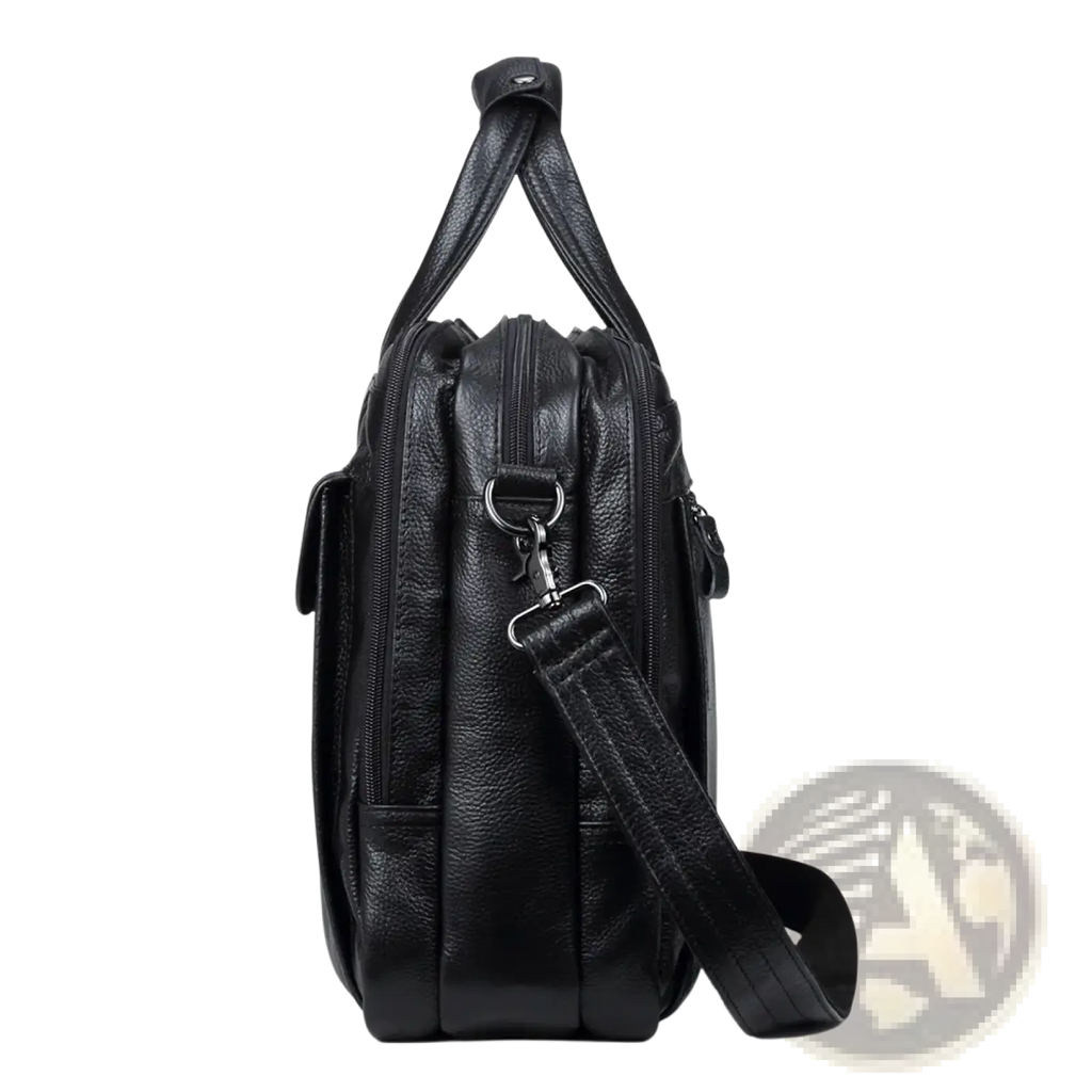 Leather laptop briefcase for men in black leather with textured surface, dual top handles, and adjustable shoulder strap