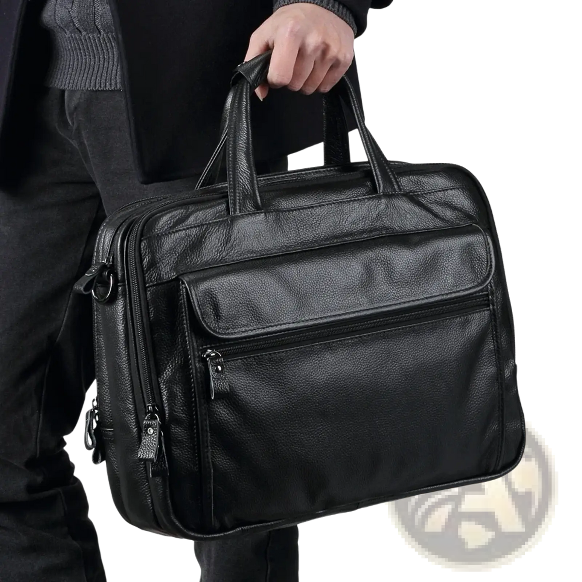 Black leather laptop briefcase for men with textured surface and multiple zippered compartments