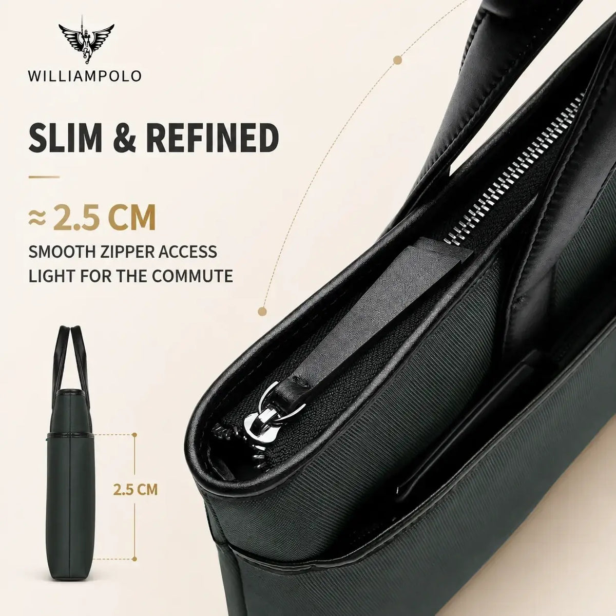 Black williampolo leather laptop briefcase for men with slim structured design and smooth zipper closure
