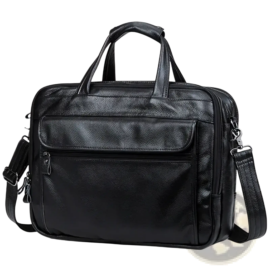 Black leather laptop briefcase for men with top handle and adjustable shoulder strap for professional use