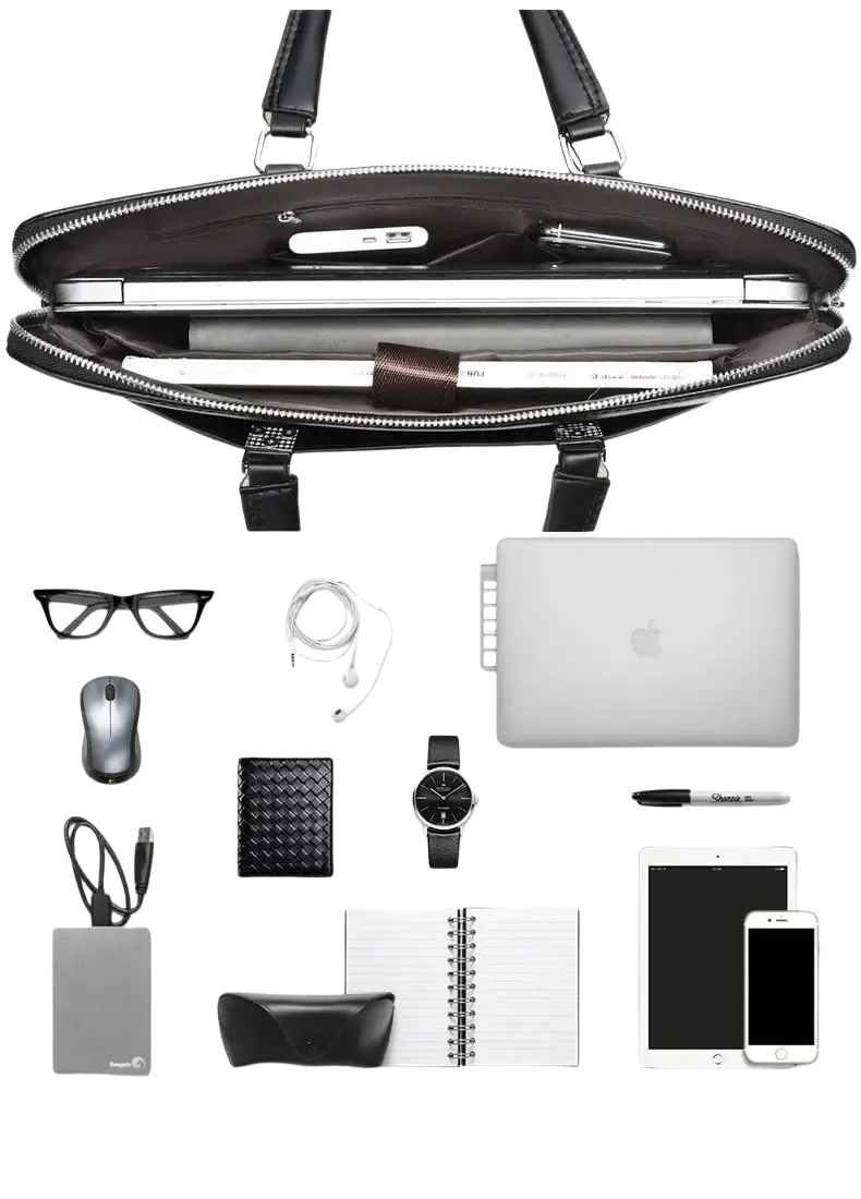 Black leather laptop briefcase for men with silver zipper and sturdy handles for business use