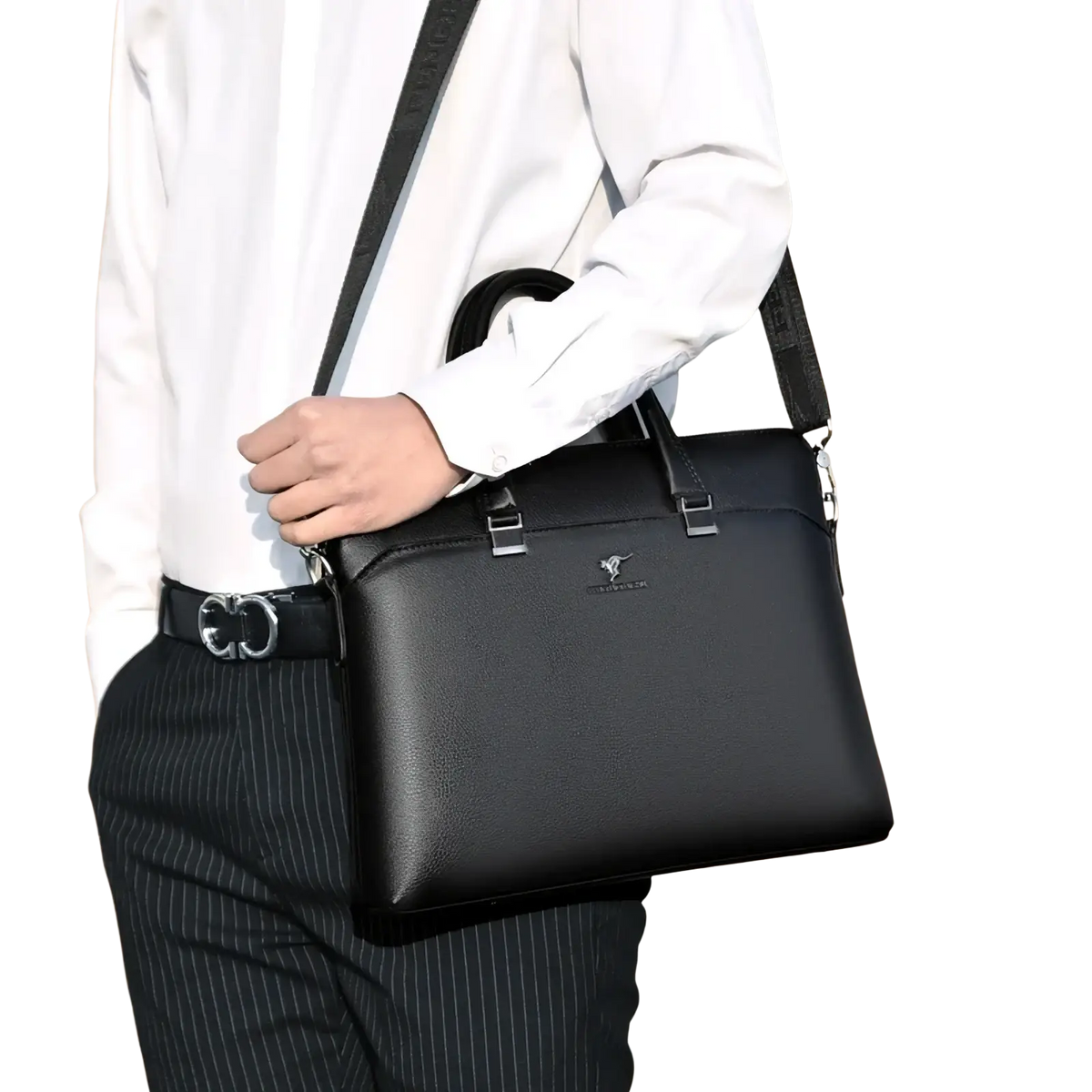 Black leather laptop briefcase for men business bag with textured surface and silver toned metal hardware