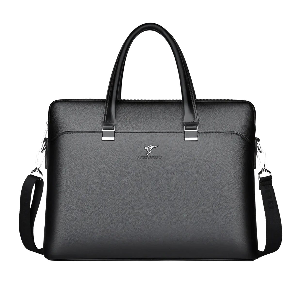 Black leather laptop briefcase for men business bag with subtle texture silver hardware and detachable shoulder strap