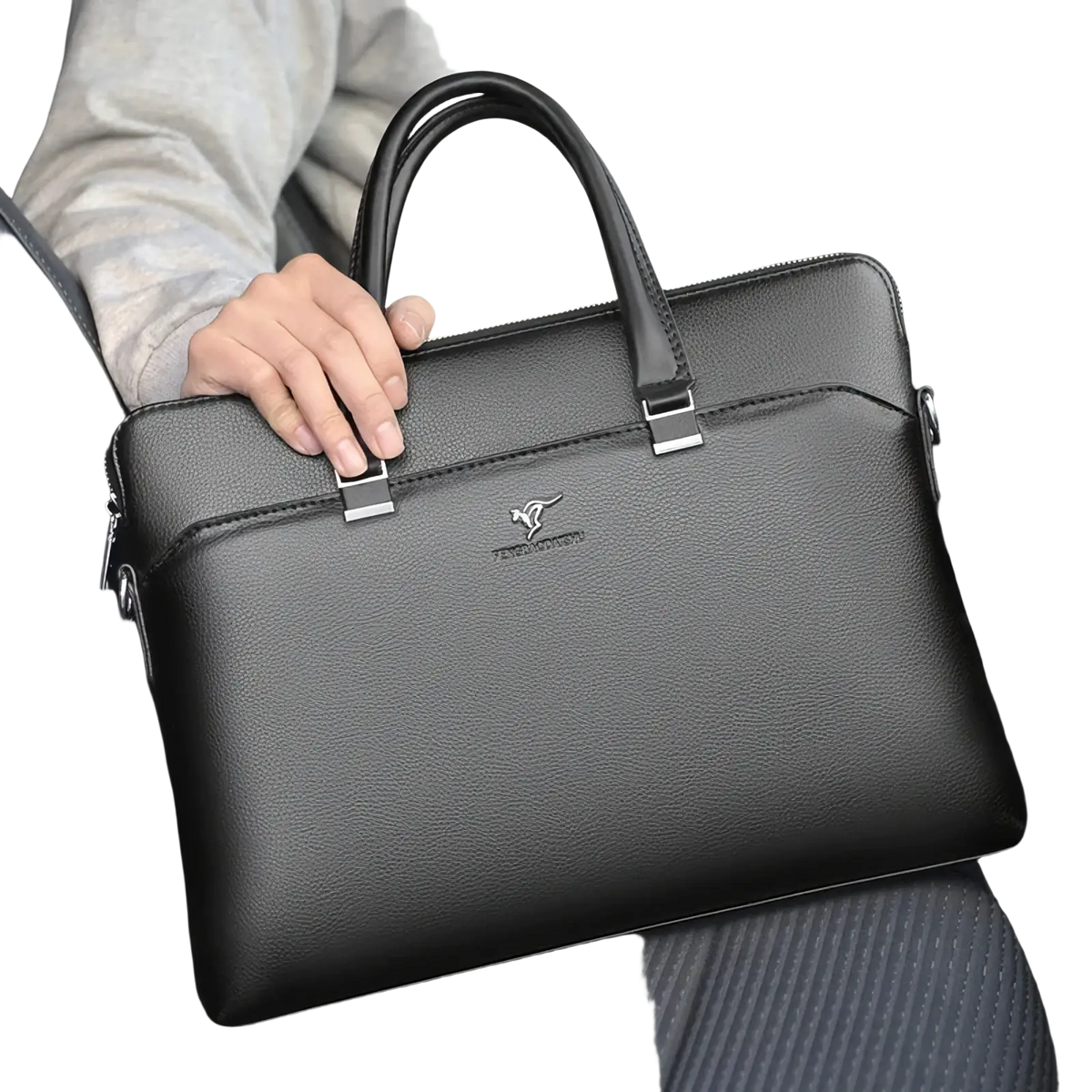 Black leather laptop briefcase for men business bag with textured surface and silver-toned metal hardware and handles