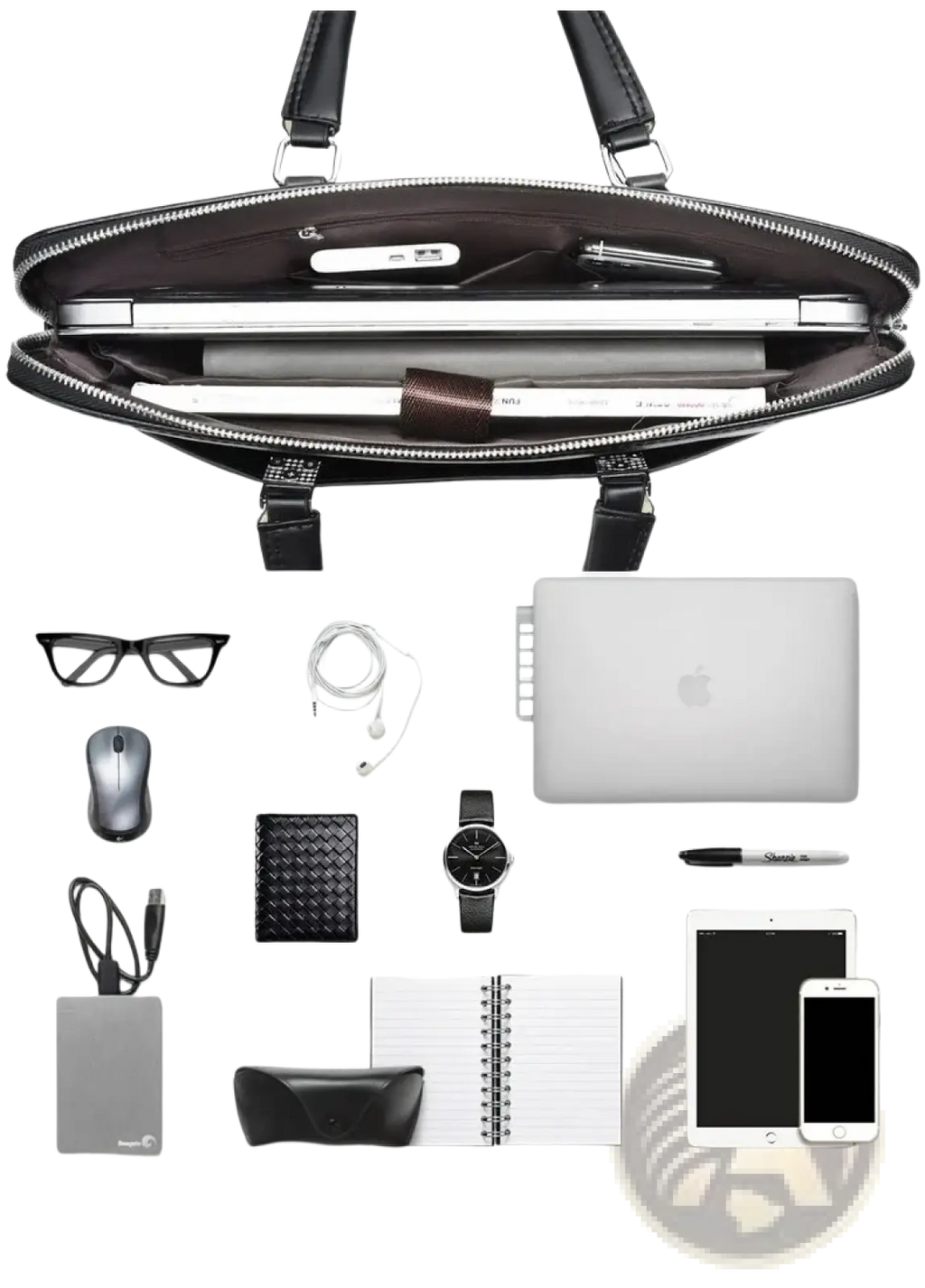 Black leather laptop briefcase for men with silver zipper and sturdy handles for business use