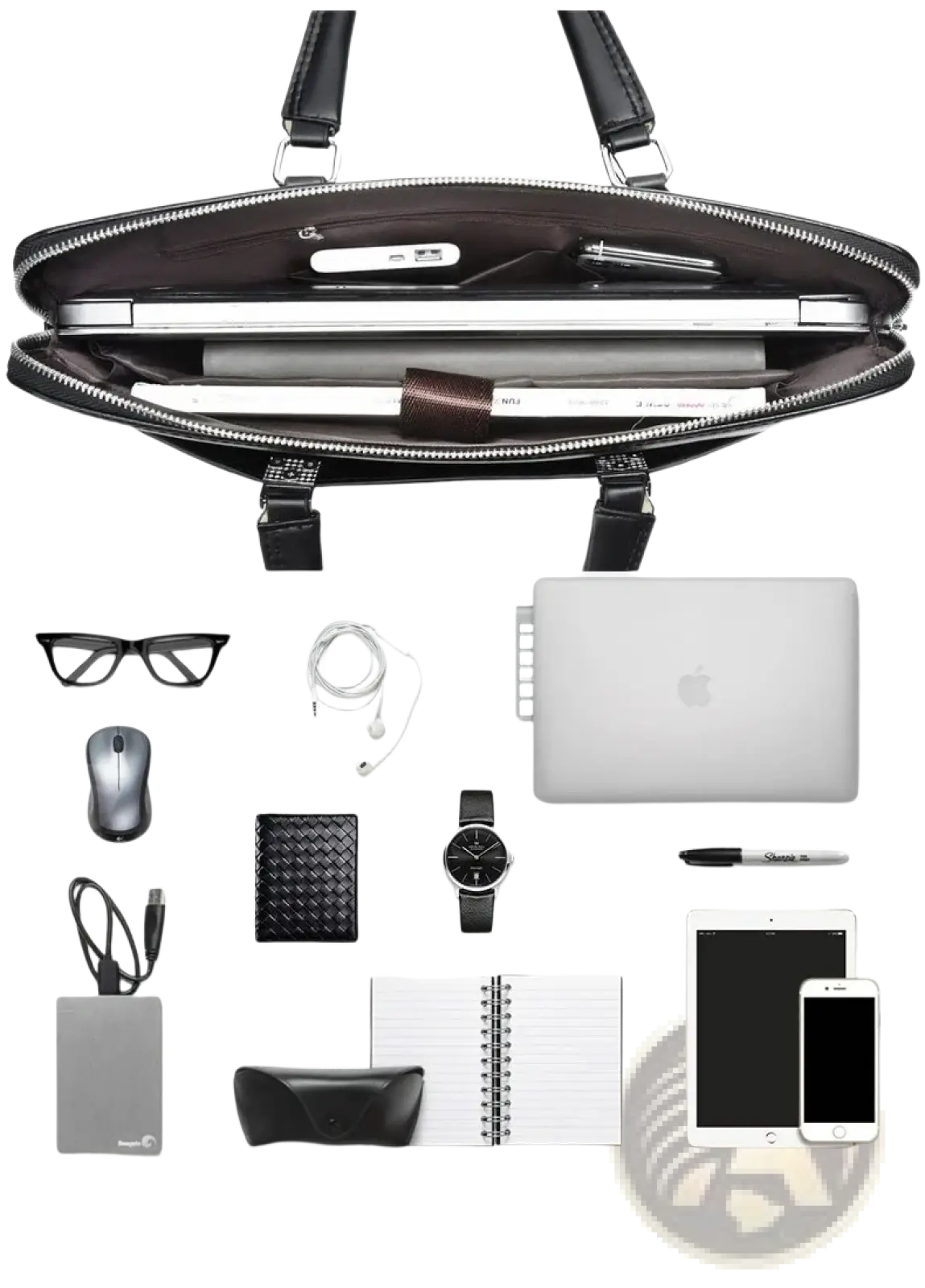 Black leather laptop briefcase for men with silver zipper and sturdy handles for business use