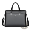 Black leather laptop briefcase for men business bag with subtle texture silver hardware and detachable shoulder strap