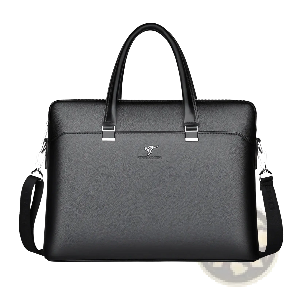 Black leather laptop briefcase for men business bag with subtle texture silver hardware and detachable shoulder strap