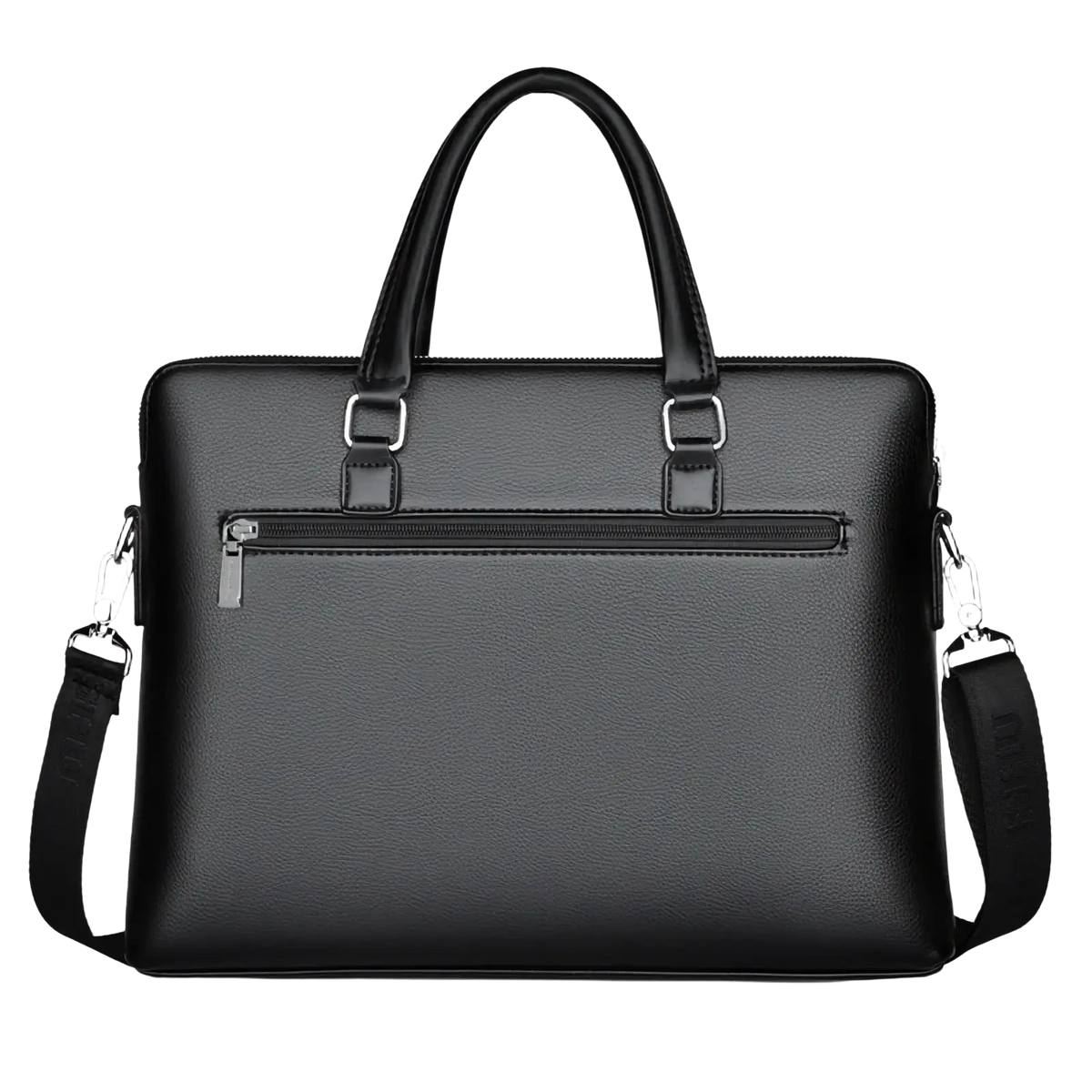 Black textured leather laptop briefcase for men with top handles and adjustable shoulder strap for business use