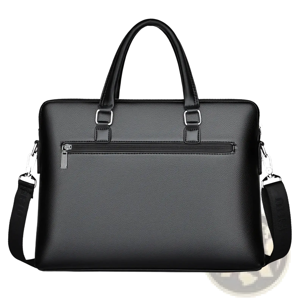 Black textured leather laptop briefcase for men with top handles and adjustable shoulder strap for business use