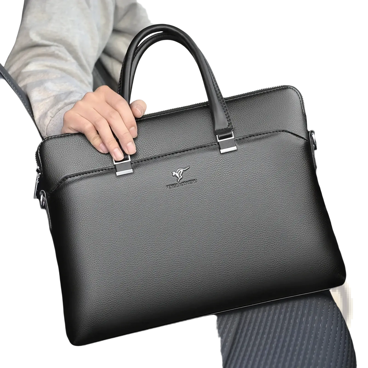 Black leather laptop briefcase for men business bag with textured surface and silver-toned metal hardware and handles