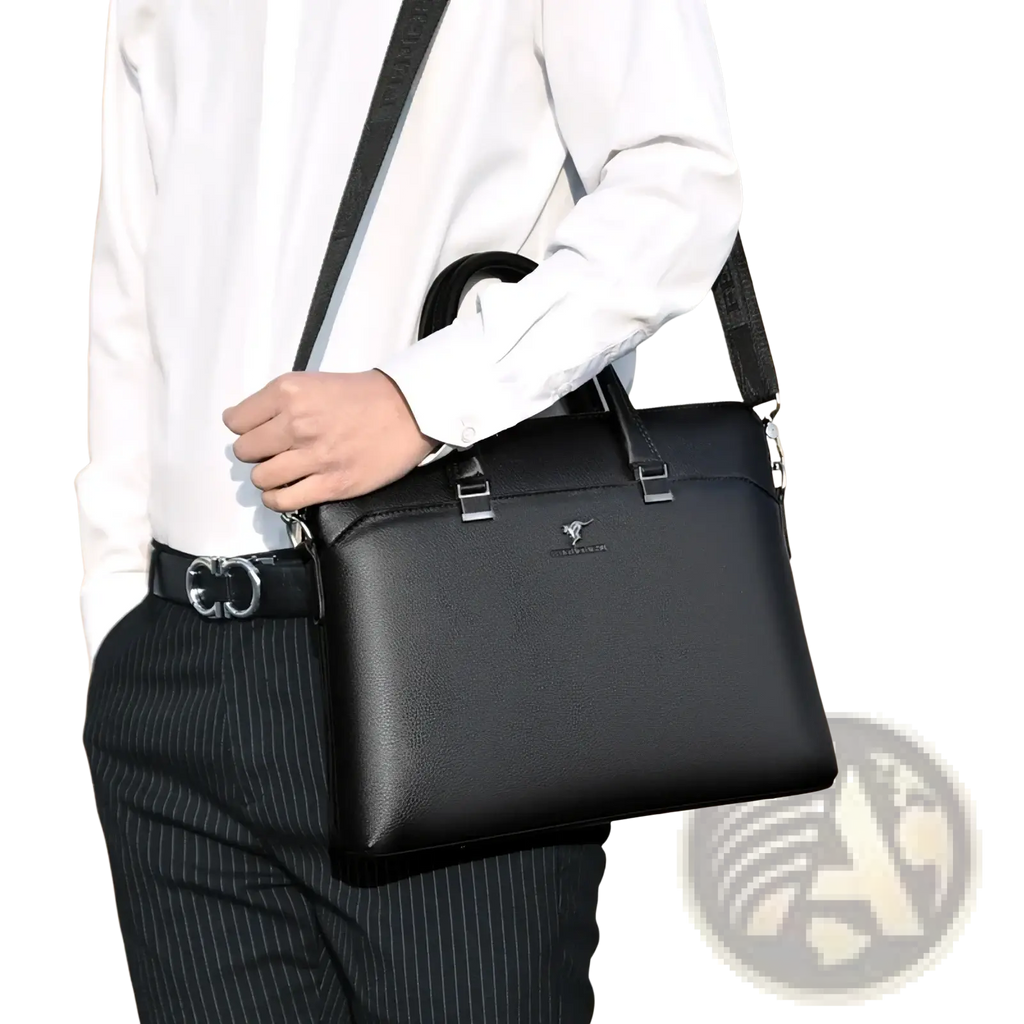 Black leather laptop briefcase for men business bag with textured surface and silver toned metal hardware