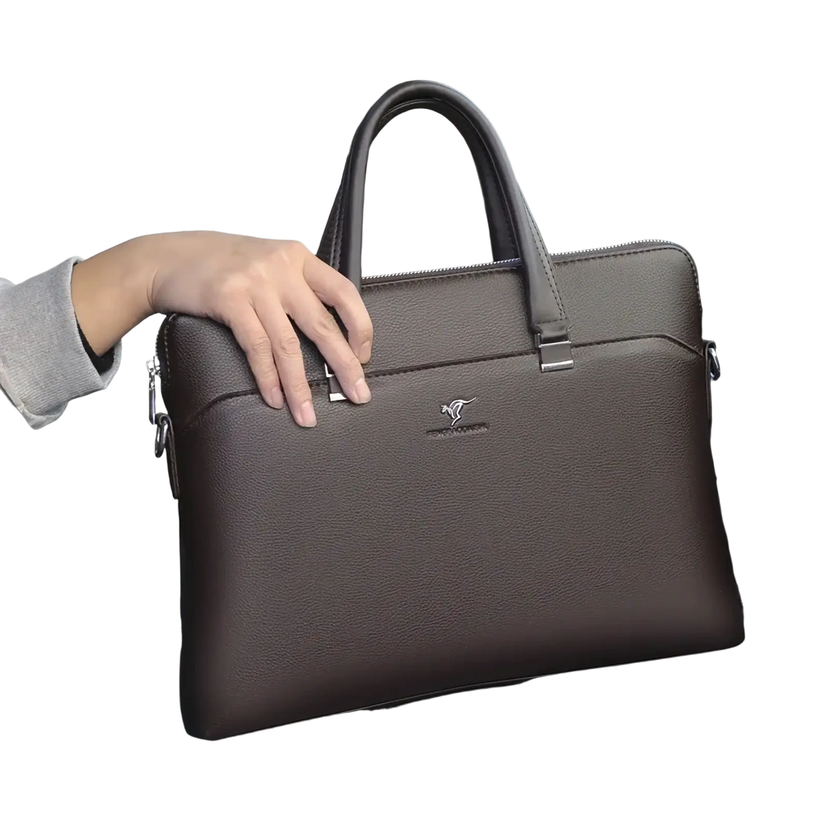 Leather laptop briefcase for men business bag in brown leather with textured surface silver-toned accents and kangaroo logo