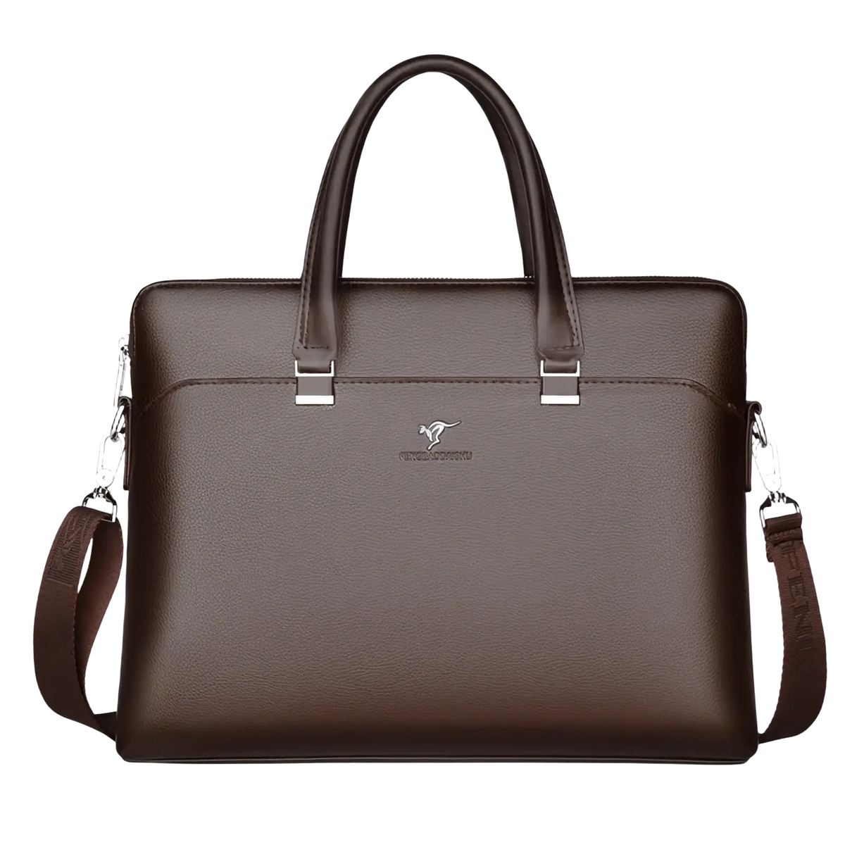 Leather laptop briefcase for men in brown pebbled leather with silver hardware and kangaroo logo on the front
