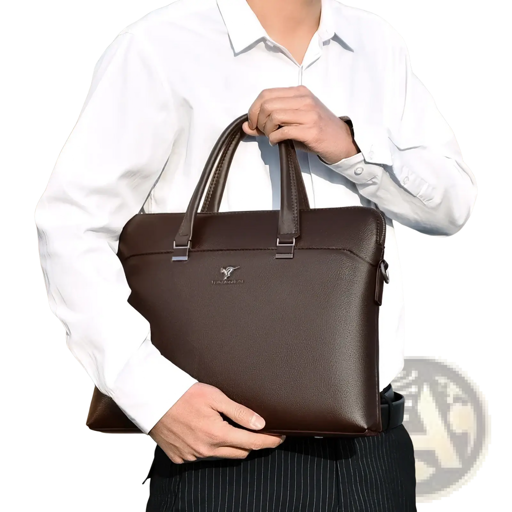 Brown leather laptop briefcase for men with subtle textured finish and silver toned metal hardware for business use