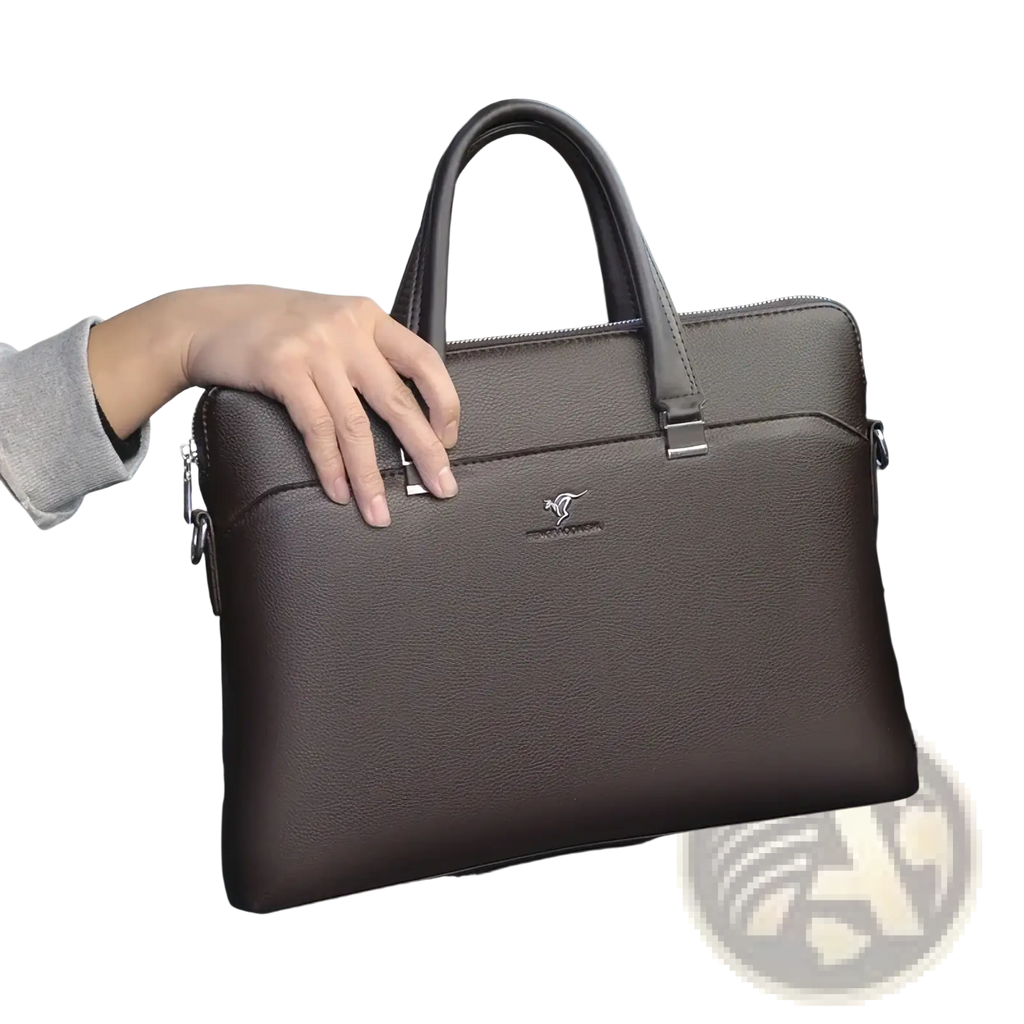 Leather laptop briefcase for men business bag in brown leather with textured surface silver-toned accents and kangaroo logo