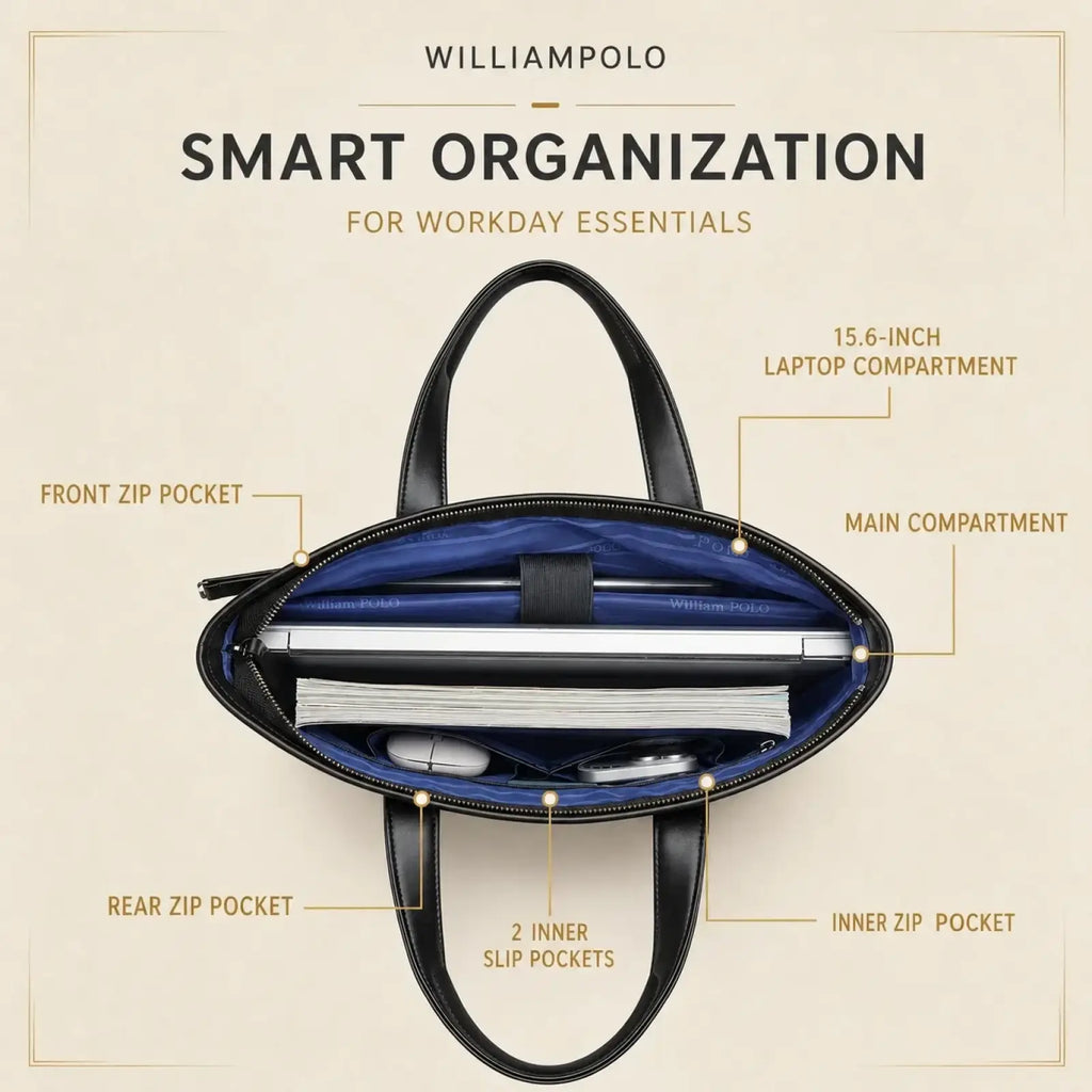 Leather laptop briefcase for men black leather william polo bag with blue interior lining and multiple compartments