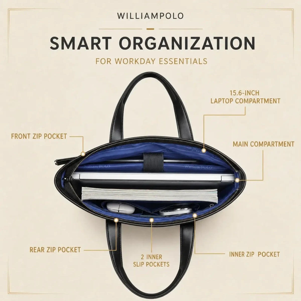 Leather laptop briefcase for men black leather william polo bag with blue interior lining and multiple compartments