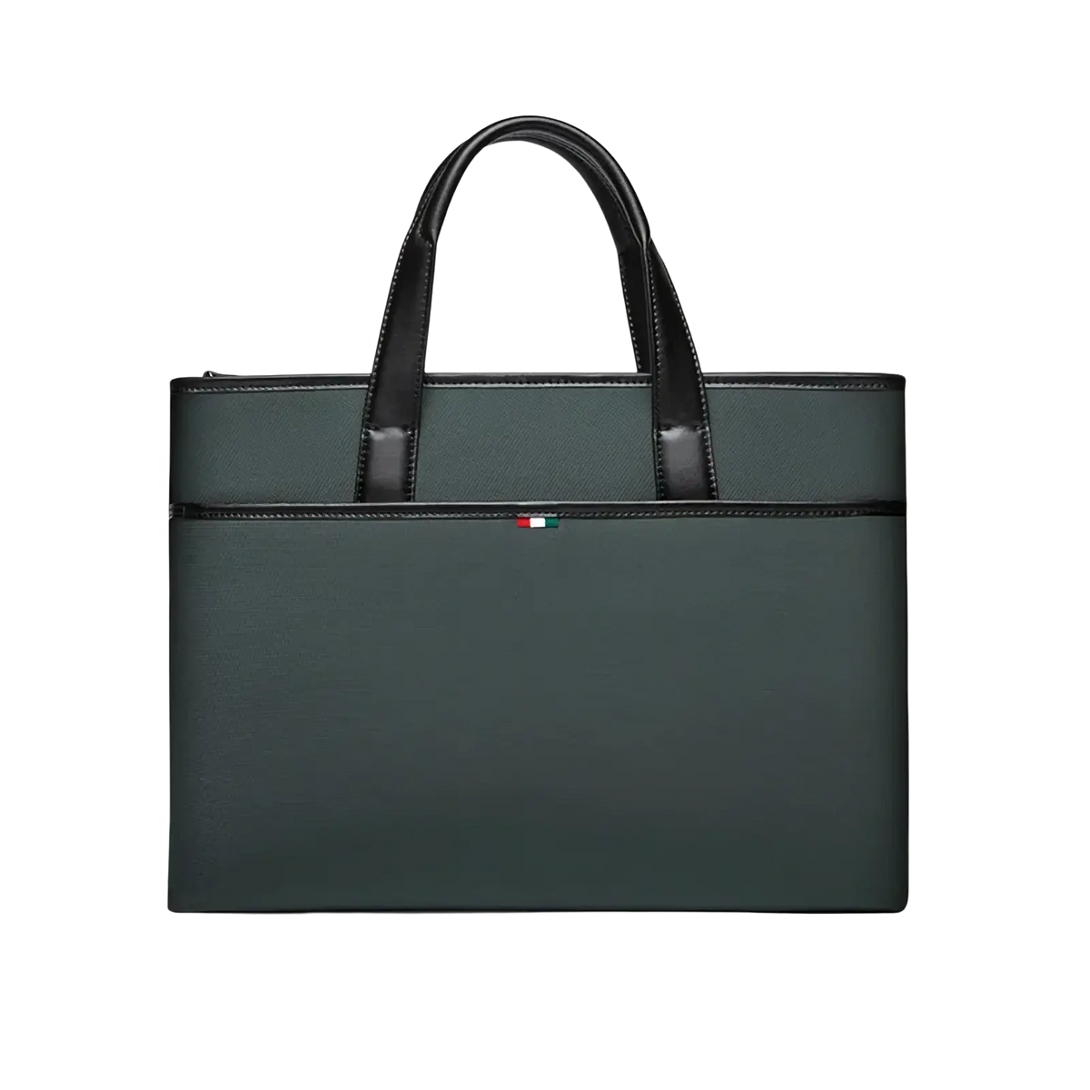 Dark green leather laptop briefcase for men with textured finish black leather handles and Italian flag emblem front