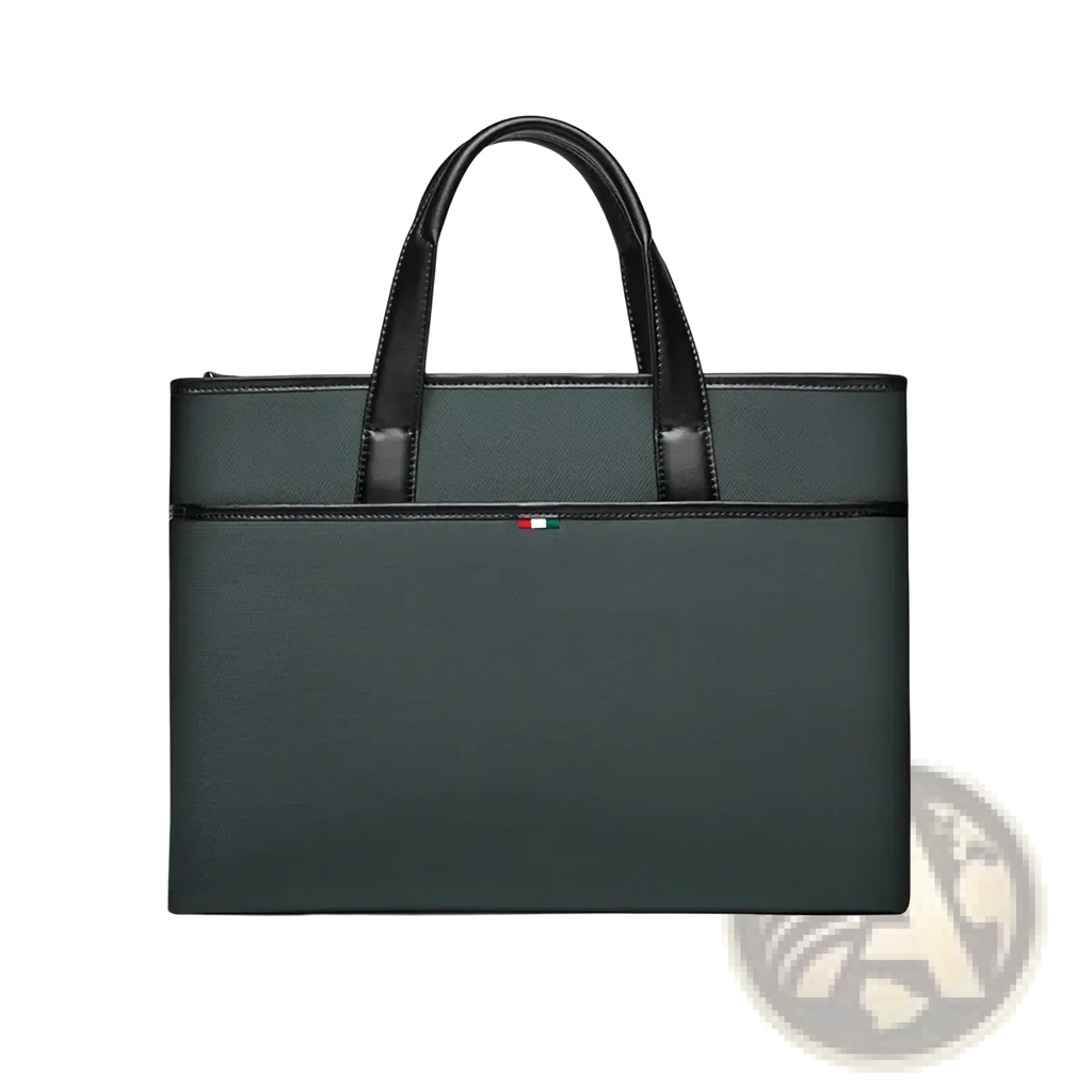 Dark green leather laptop briefcase for men with textured finish black leather handles and Italian flag emblem front