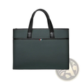 Dark green leather laptop briefcase for men with textured finish black leather handles and Italian flag emblem front