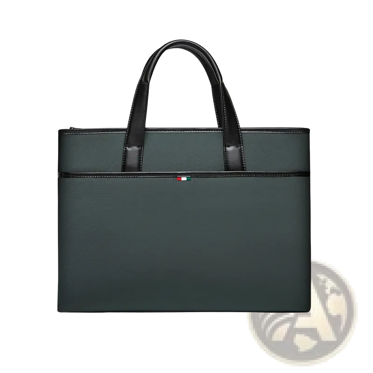 Dark green leather laptop briefcase for men with textured finish black leather handles and Italian flag emblem front