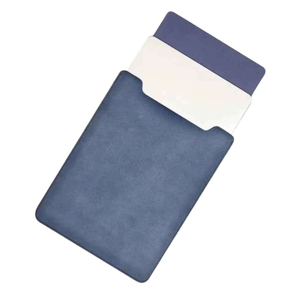 Blue suede leather card holder with three cards peeking out designed for a 15 inch leather laptop sleeve with mouse pad