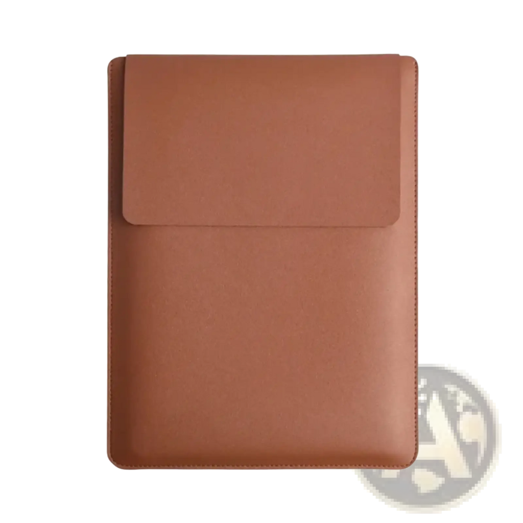 Tan leather laptop sleeve with flap closure and neat stitching designed for 15 inch laptops with mouse pad included