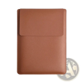 Tan leather laptop sleeve with flap closure and neat stitching designed for 15 inch laptops with mouse pad included