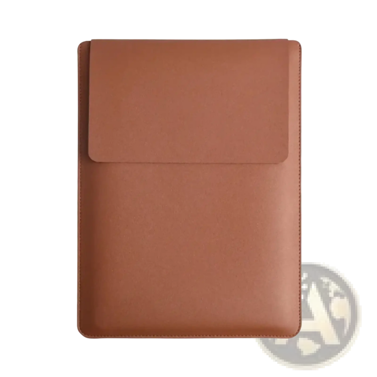 Tan leather laptop sleeve with flap closure and neat stitching designed for 15 inch laptops with mouse pad included