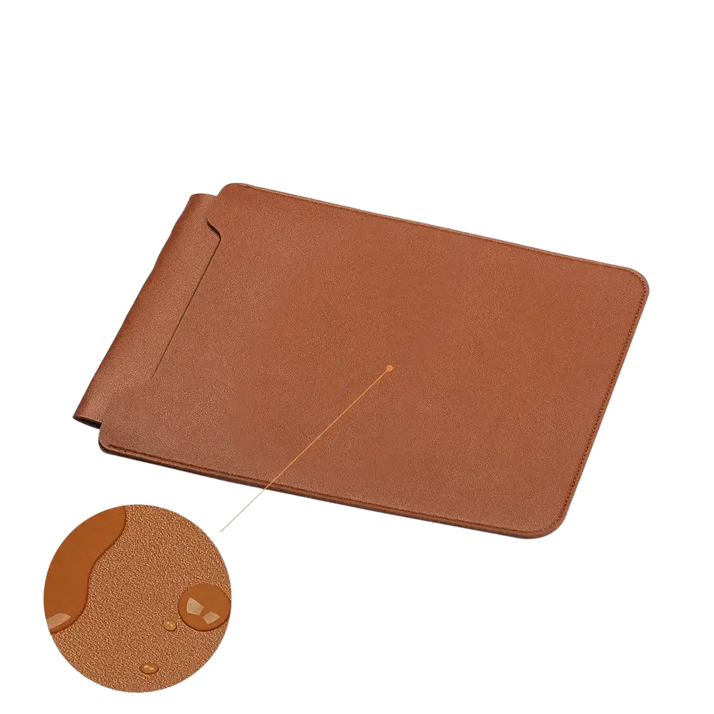 Brown leather laptop sleeve with textured surface and stitched edges designed for 15 inch laptops with mouse pad