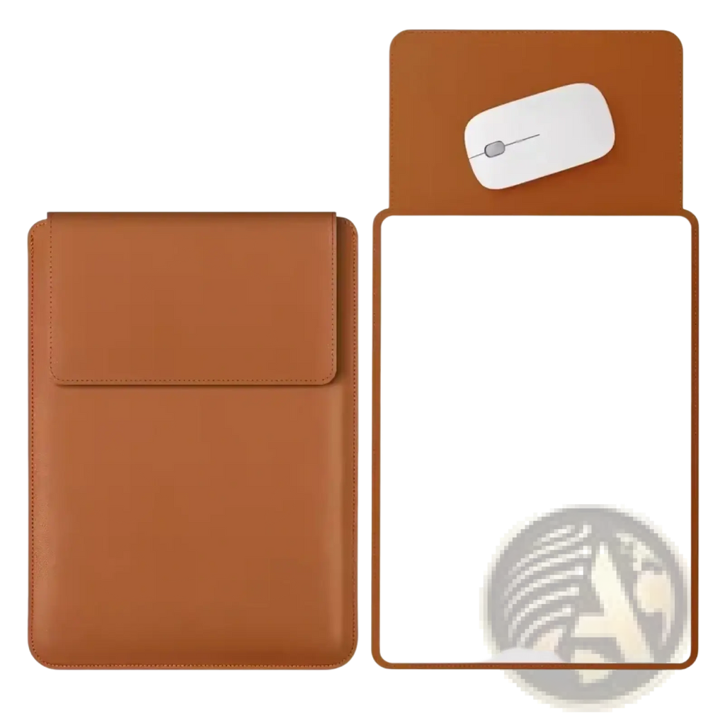 Brown leather laptop sleeve with matching mouse pad insert for 15 inch laptops in a sleek design