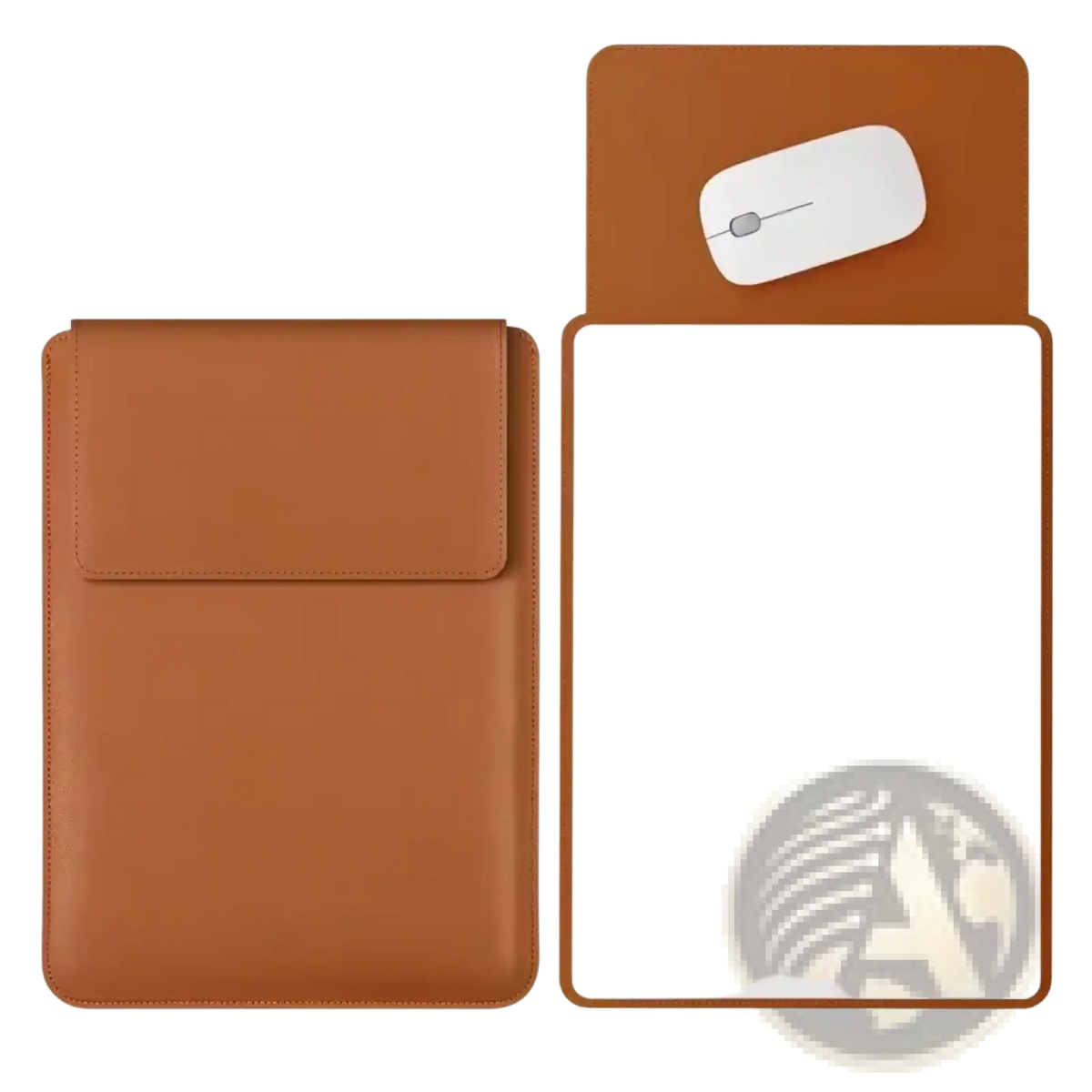 Brown leather laptop sleeve with matching mouse pad insert for 15 inch laptops in a sleek design